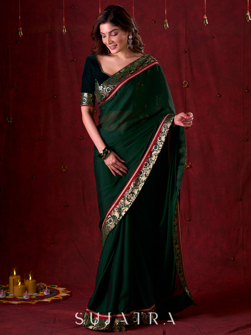 Emerald Bottle Green Silk Blend Saree with Rich Brocade Border & Red Contrast Highlights