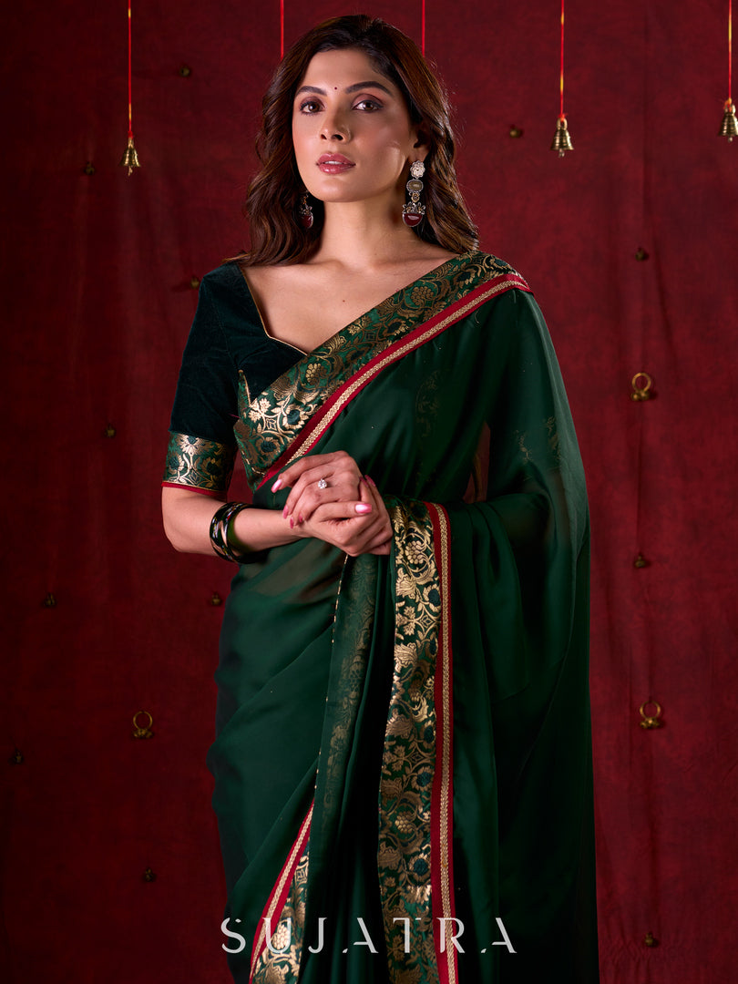 Emerald Bottle Green Silk Blend Saree with Rich Brocade Border & Red Contrast Highlights