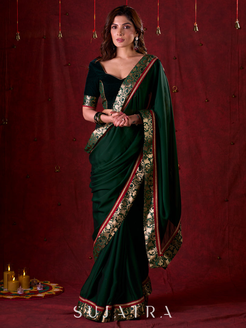 Emerald Bottle Green Silk Blend Saree with Rich Brocade Border & Red Contrast Highlights