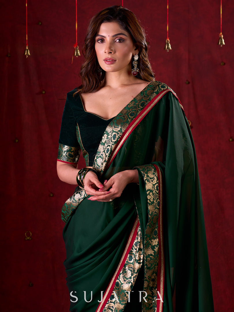 Emerald Bottle Green Silk Blend Saree with Rich Brocade Border & Red Contrast Highlights