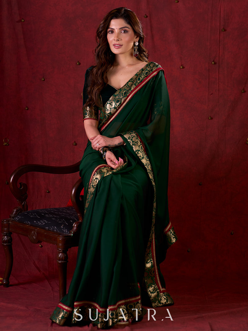 Emerald Bottle Green Silk Blend Saree with Rich Brocade Border & Red Contrast Highlights