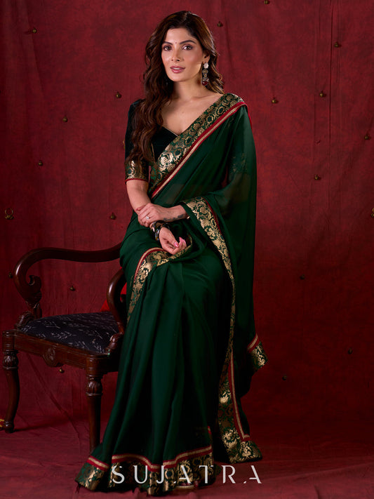 Emerald Bottle Green Silk Blend Saree with Rich Brocade Border & Red Contrast Highlights