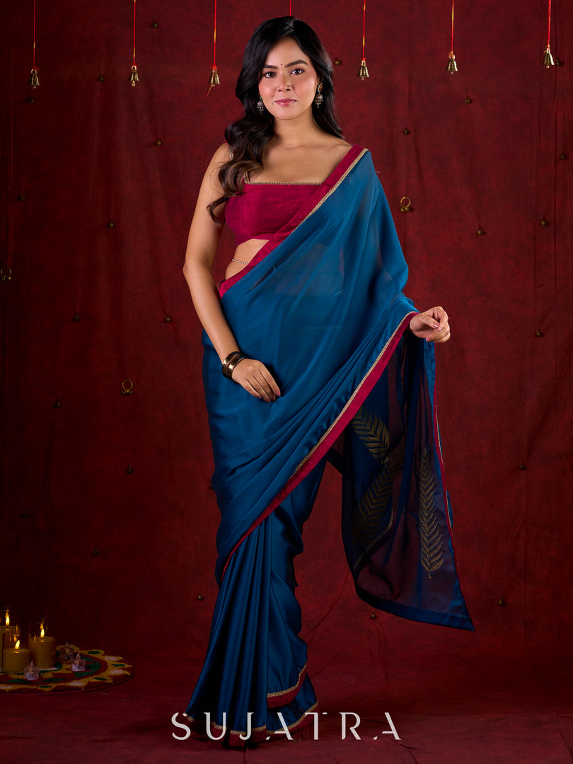 Deep Teal Silk Blend Saree Adorned with Magenta Border & Intricately Embroidered Pallu