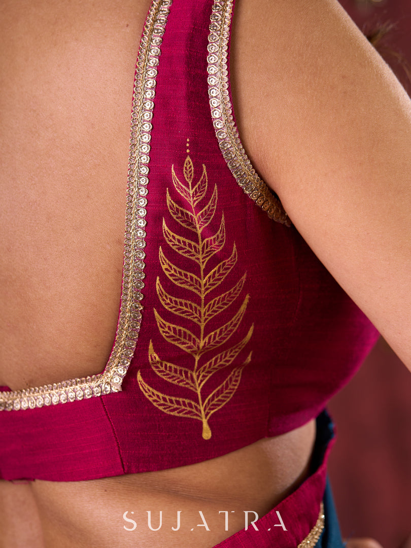 Magenta Cotton Silk Blouse Featuring Artistic Hand Painting on Back