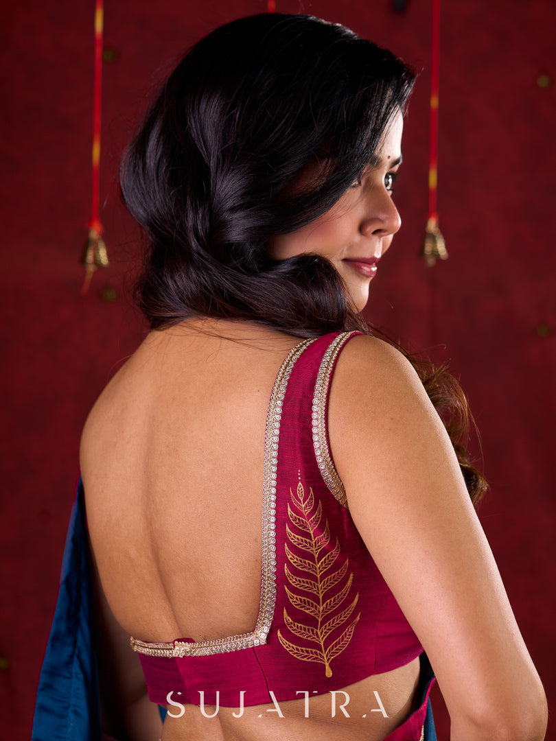 Deep Teal Silk Blend Saree Adorned with Magenta Border & Intricately Embroidered Pallu