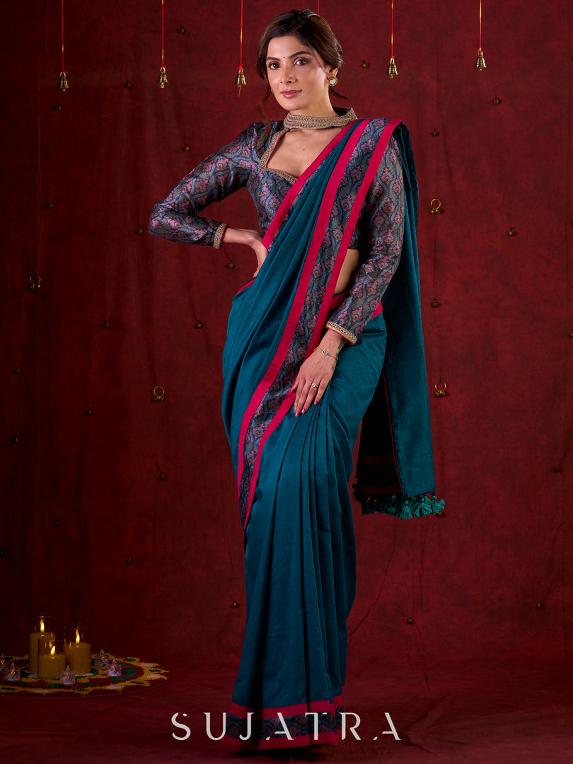 Ocean Turquoise Cotton Saree with Subtle Printed Border and Silk Pink Highlights