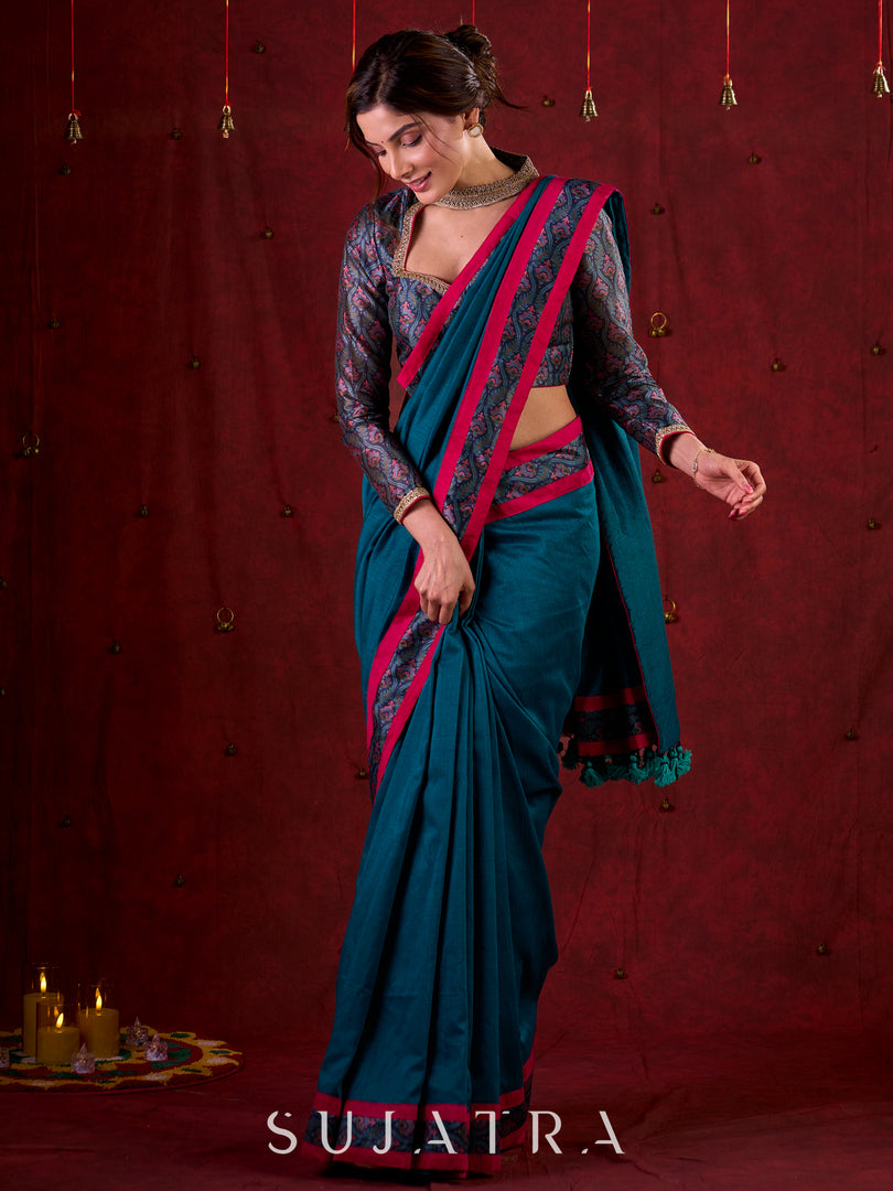 Ocean Turquoise Cotton Saree with Subtle Printed Border and Silk Pink Highlights