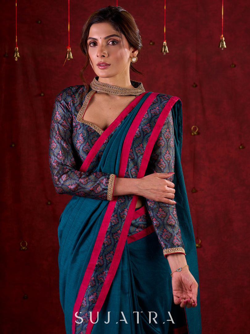 Ocean Turquoise Cotton Saree with Subtle Printed Border and Silk Pink Highlights