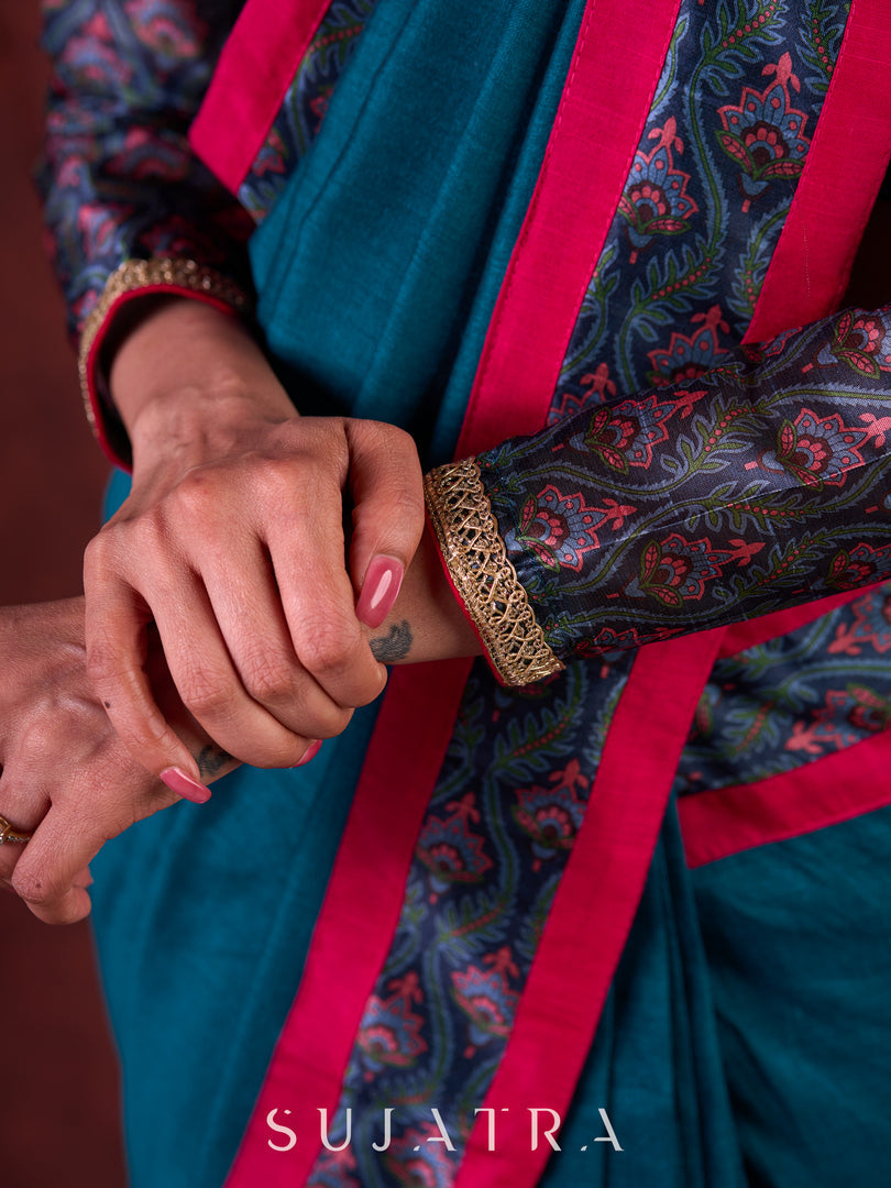 Ocean Turquoise Cotton Saree with Subtle Printed Border and Silk Pink Highlights