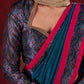 Turquoise Elegance Printed Blouse with Halter Neck, Full Sleeves & Minimal Detailing