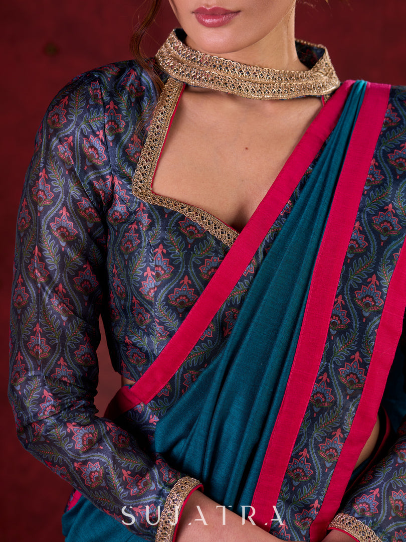 Turquoise Elegance Printed Blouse with Halter Neck, Full Sleeves & Minimal Detailing