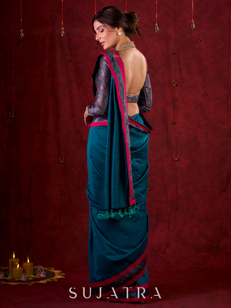 Ocean Turquoise Cotton Saree with Subtle Printed Border and Silk Pink Highlights