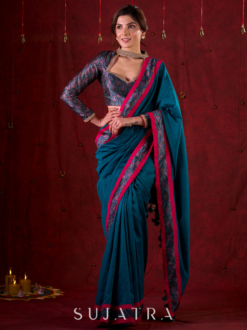 Ocean Turquoise Cotton Saree with Subtle Printed Border and Silk Pink Highlights