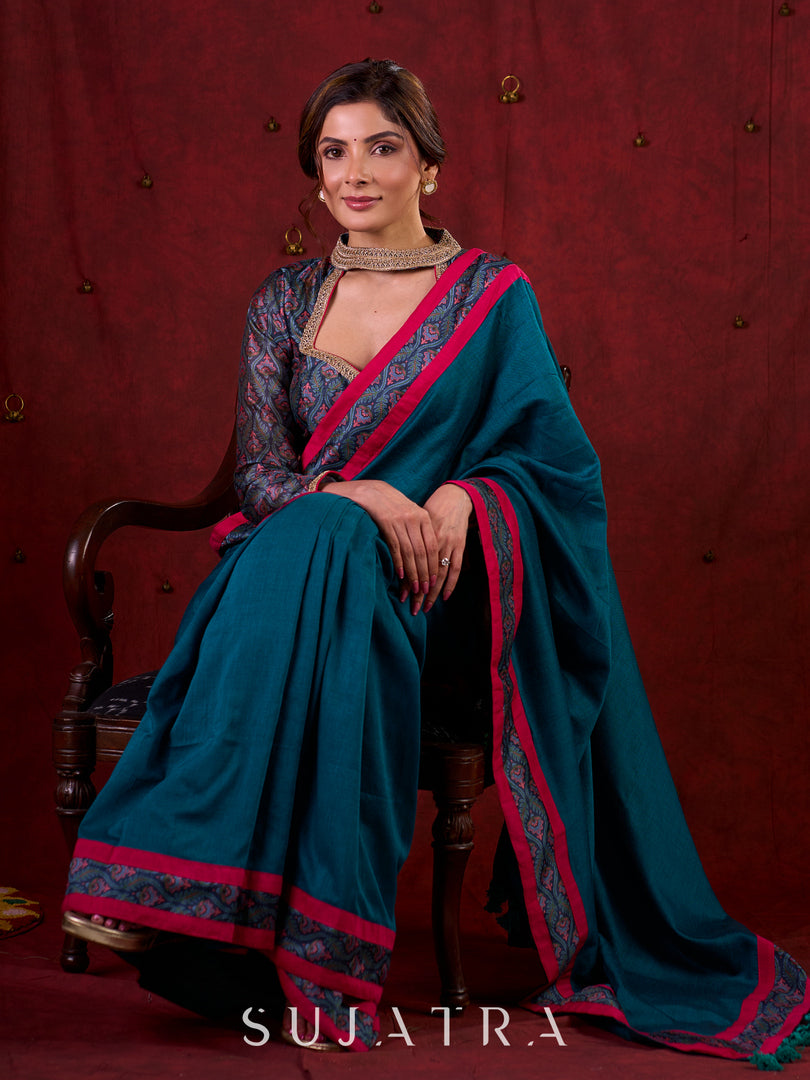 Ocean Turquoise Cotton Saree with Subtle Printed Border and Silk Pink Highlights