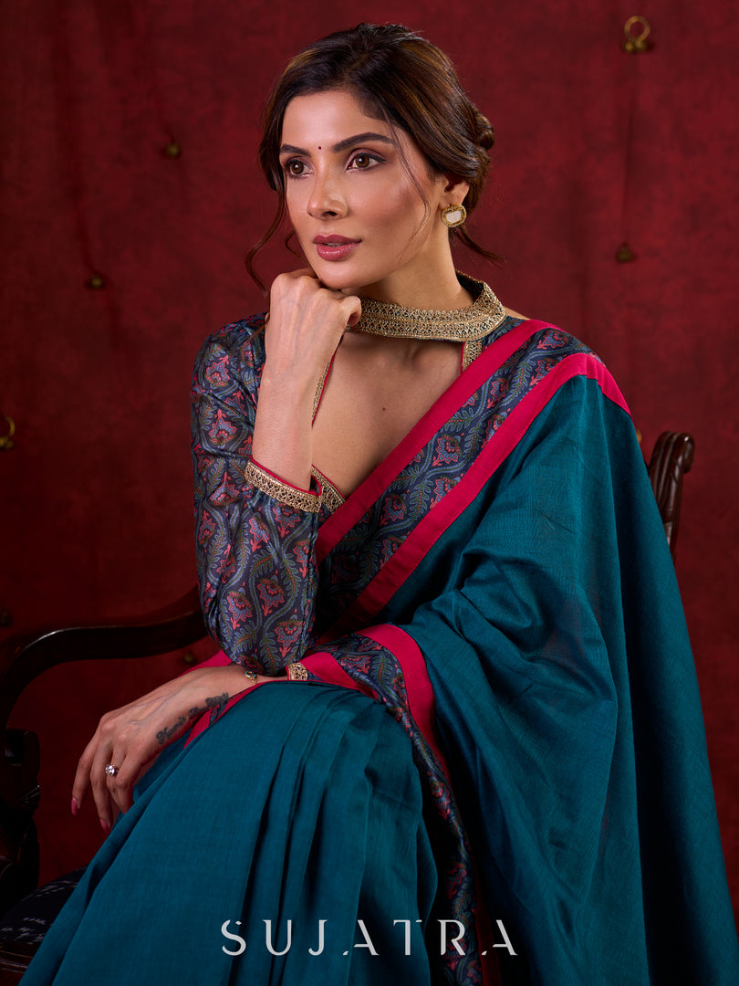 Ocean Turquoise Cotton Saree with Subtle Printed Border and Silk Pink Highlights