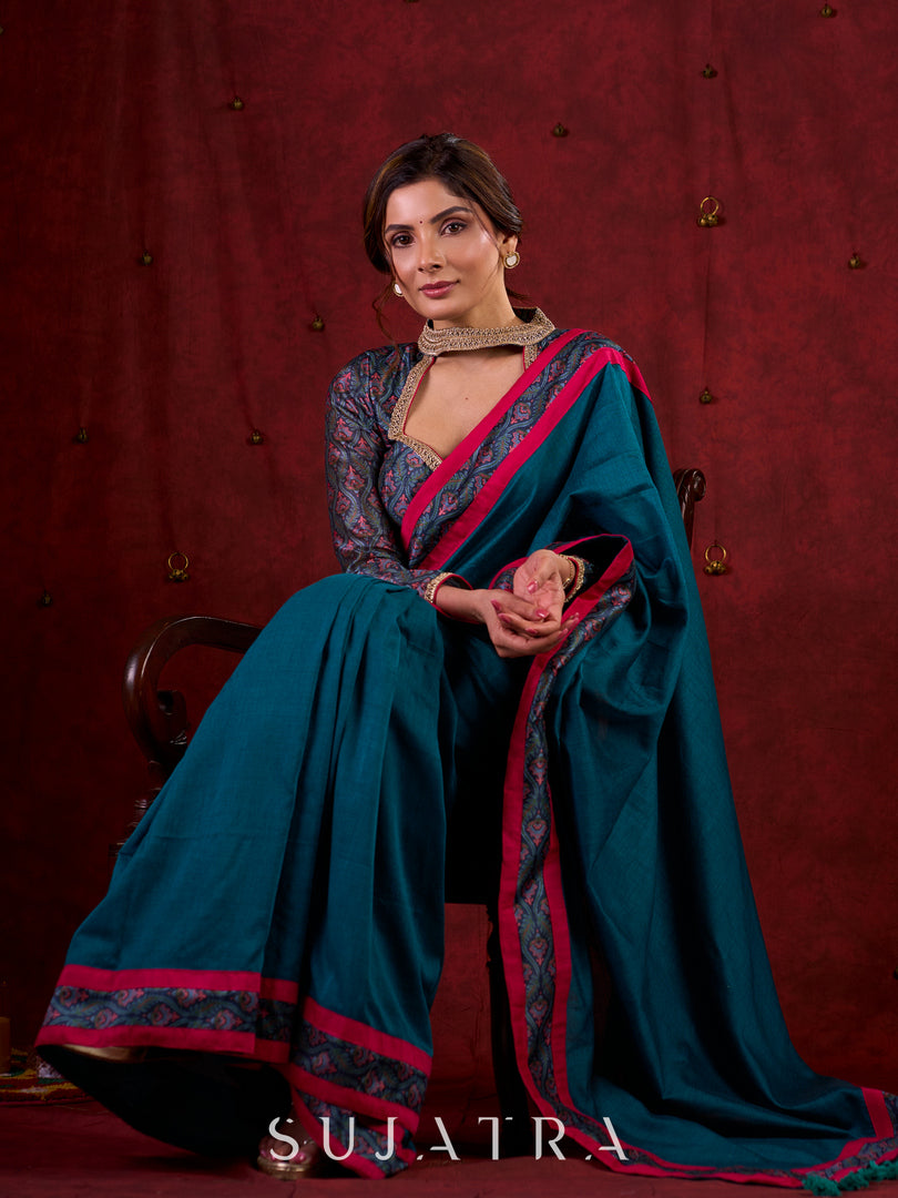 Ocean Turquoise Cotton Saree with Subtle Printed Border and Silk Pink Highlights