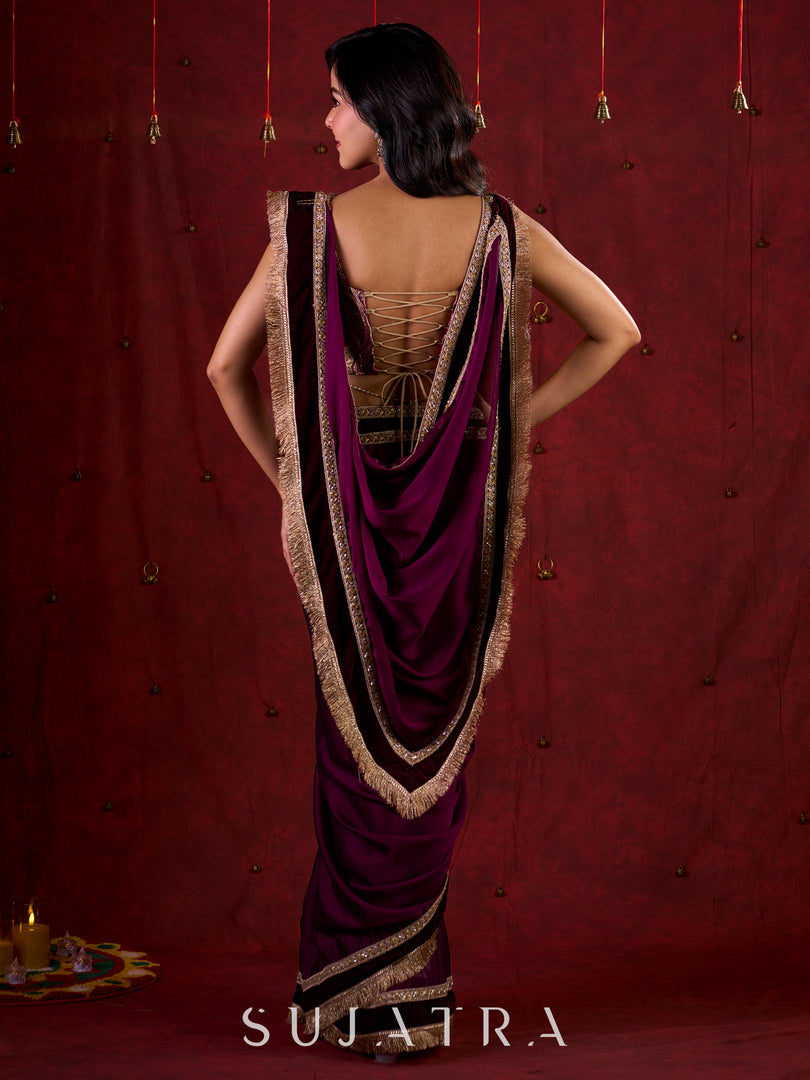 Royal Purple Silk Blend Saree Adorned with Plush Velvet Border & Intricate Lace Highlights