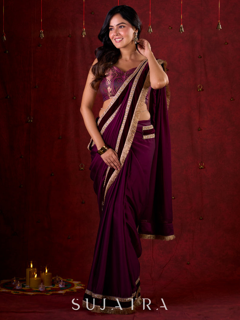 Royal Purple Silk Blend Saree Adorned with Plush Velvet Border & Intricate Lace Highlights