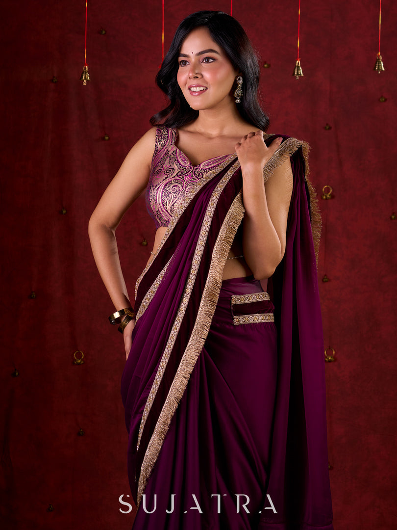 Royal Purple Silk Blend Saree Adorned with Plush Velvet Border & Intricate Lace Highlights