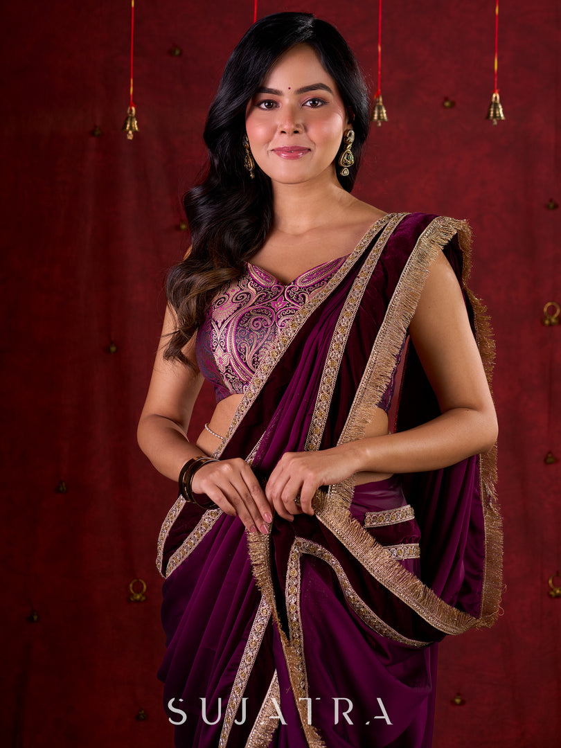 Royal Purple Silk Blend Saree Adorned with Plush Velvet Border & Intricate Lace Highlights