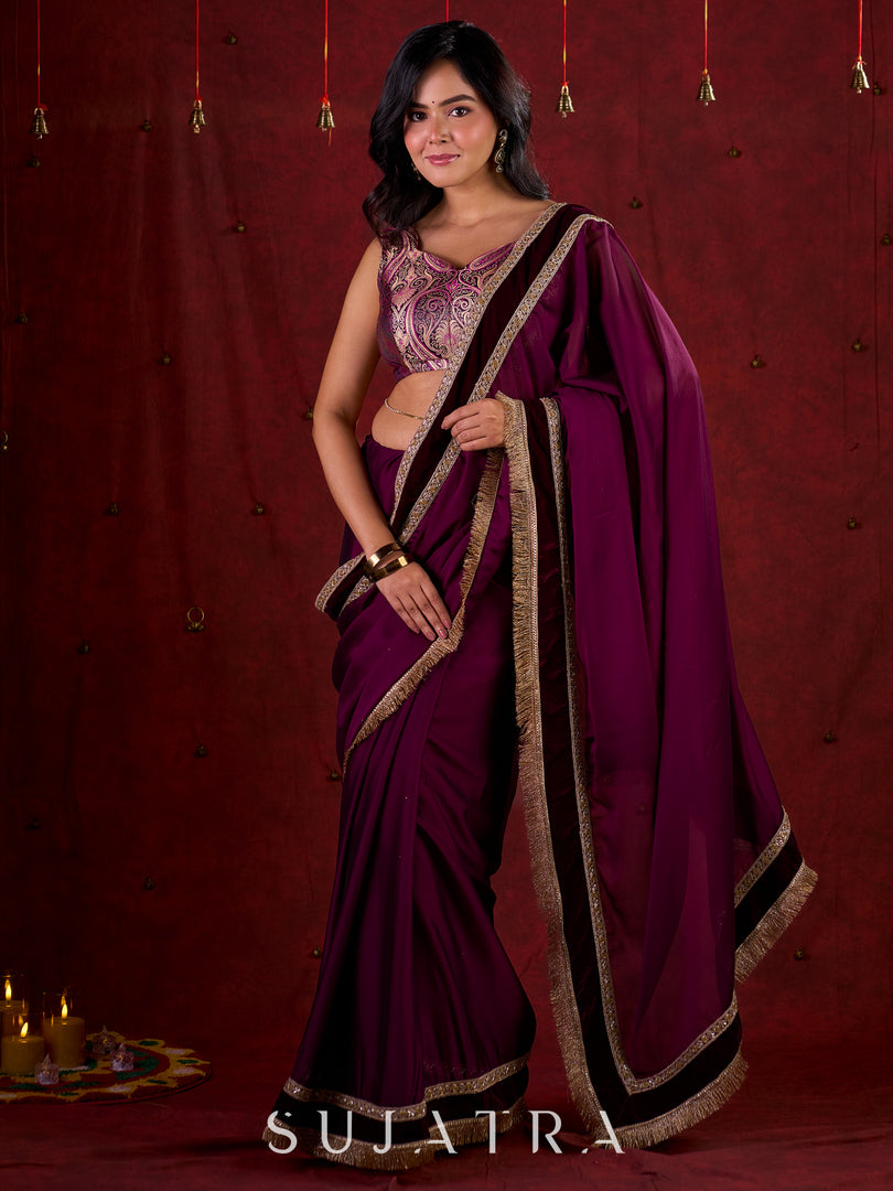 Royal Purple Silk Blend Saree Adorned with Plush Velvet Border & Intricate Lace Highlights