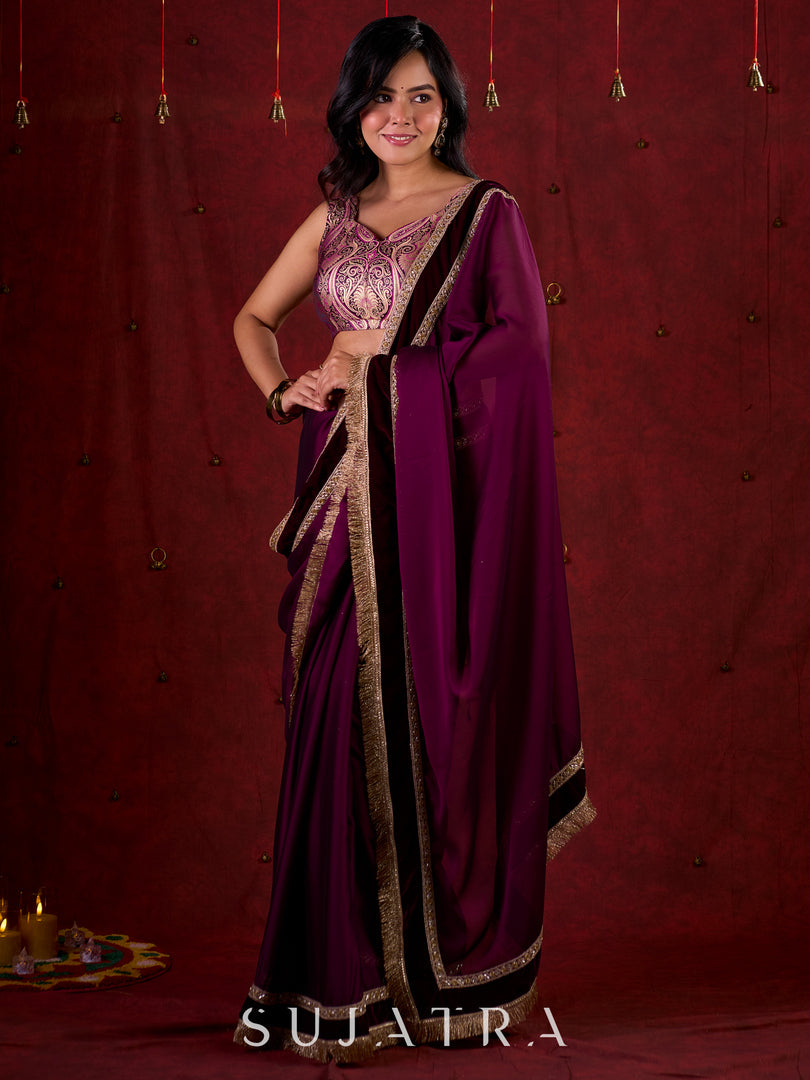 Royal Purple Silk Blend Saree Adorned with Plush Velvet Border & Intricate Lace Highlights