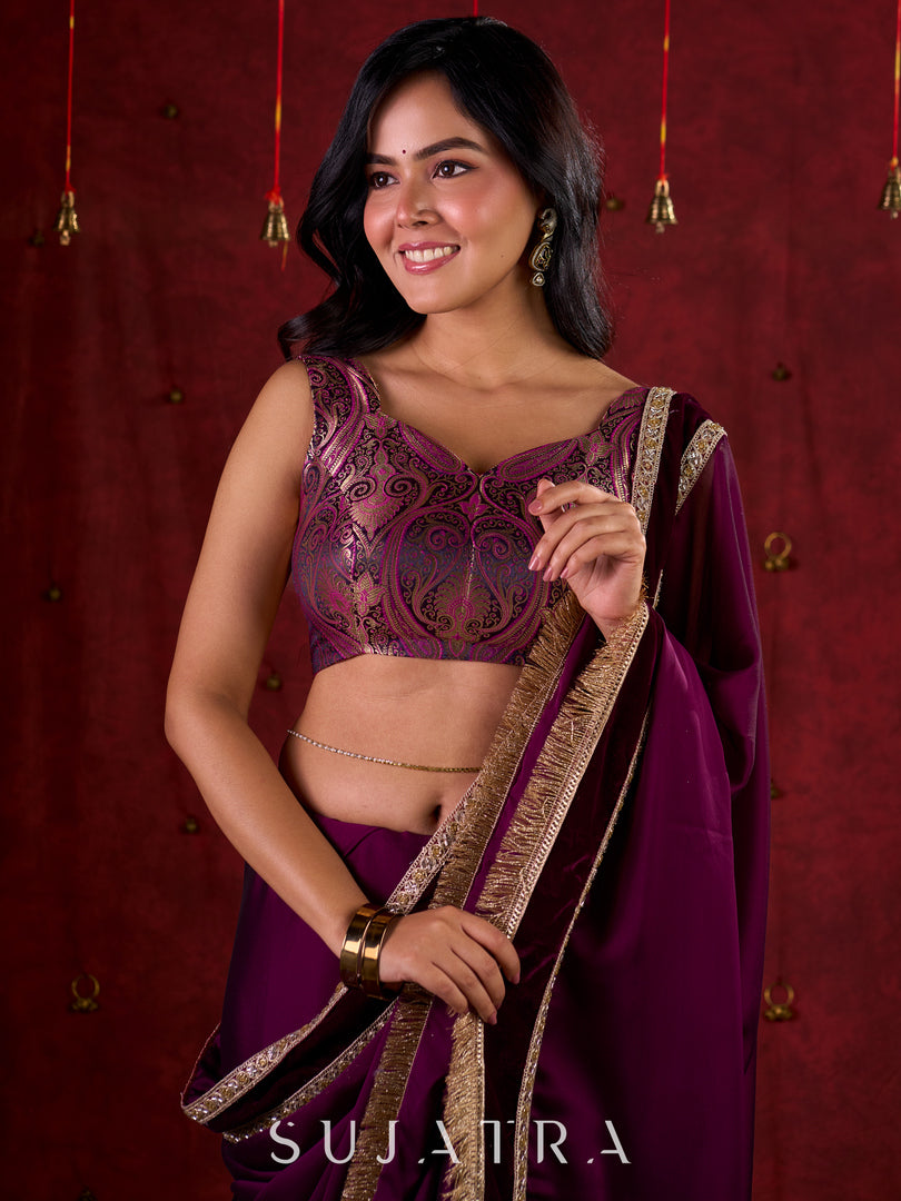 Royal Purple Silk Blend Saree Adorned with Plush Velvet Border & Intricate Lace Highlights