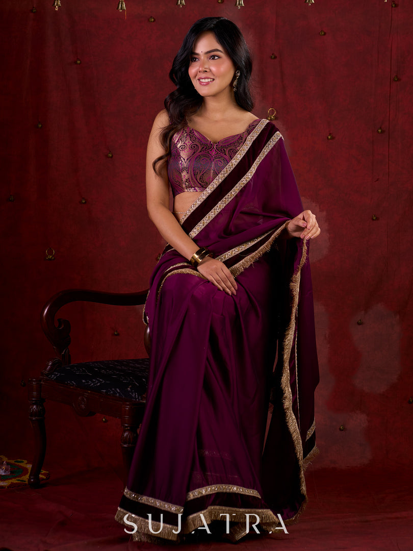 Royal Purple Silk Blend Saree Adorned with Plush Velvet Border & Intricate Lace Highlights