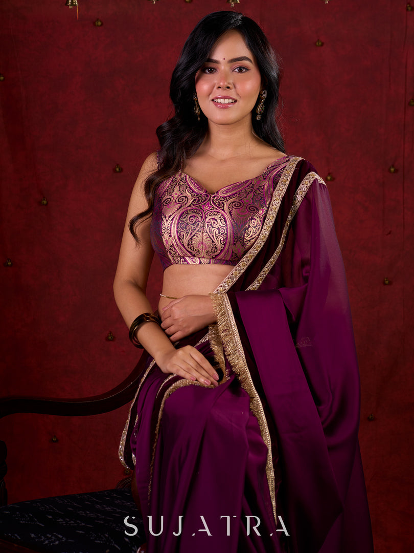 Royal Purple Silk Blend Saree Adorned with Plush Velvet Border & Intricate Lace Highlights