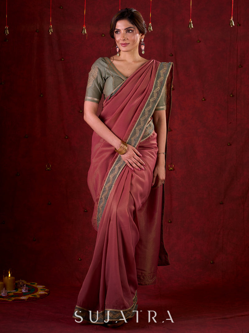 Soft Pink Silk Blend Saree with Intricate Green Chanderi Embroidered Border