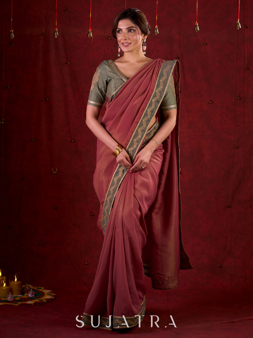 Soft Pink Silk Blend Saree with Intricate Green Chanderi Embroidered Border