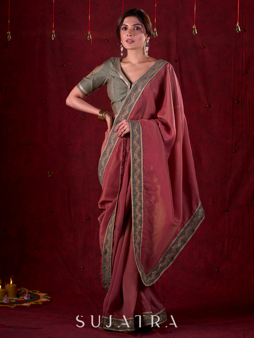 Soft Pink Silk Blend Saree with Intricate Green Chanderi Embroidered Border