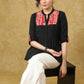 Smart Black Cotton Pleated Top with Red Detailing