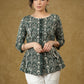 Mehandi Green Block Printed Top with Drawstrings on the Sides