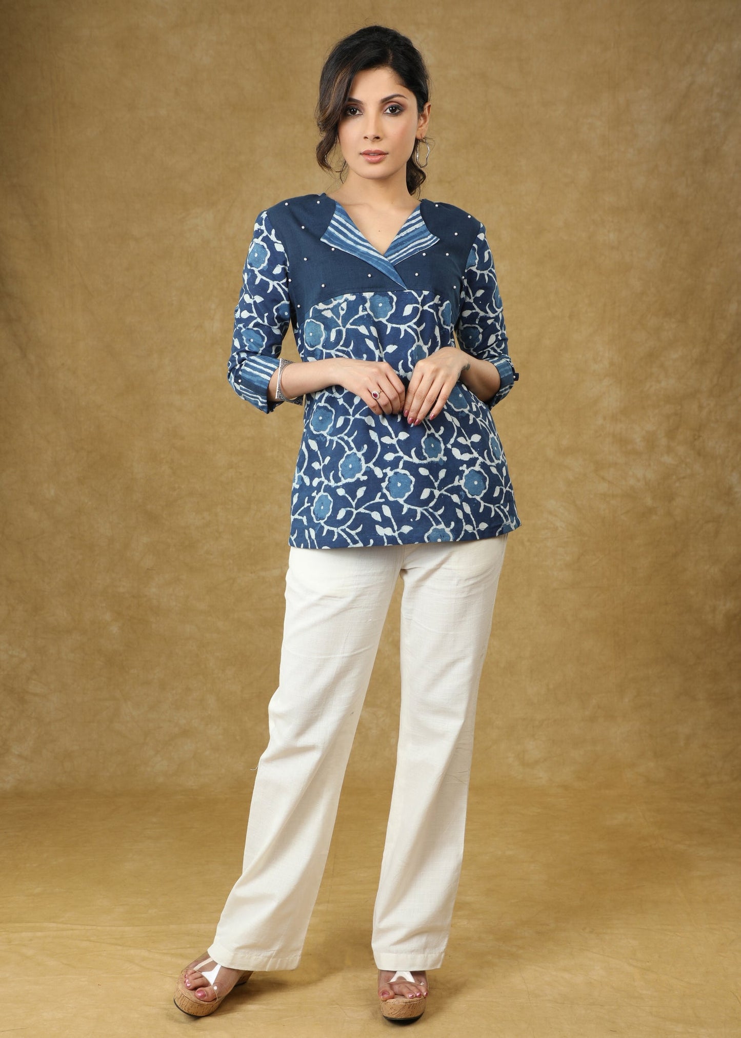 Smart Indigo Combination Designer Top with Pearl Embellishment.