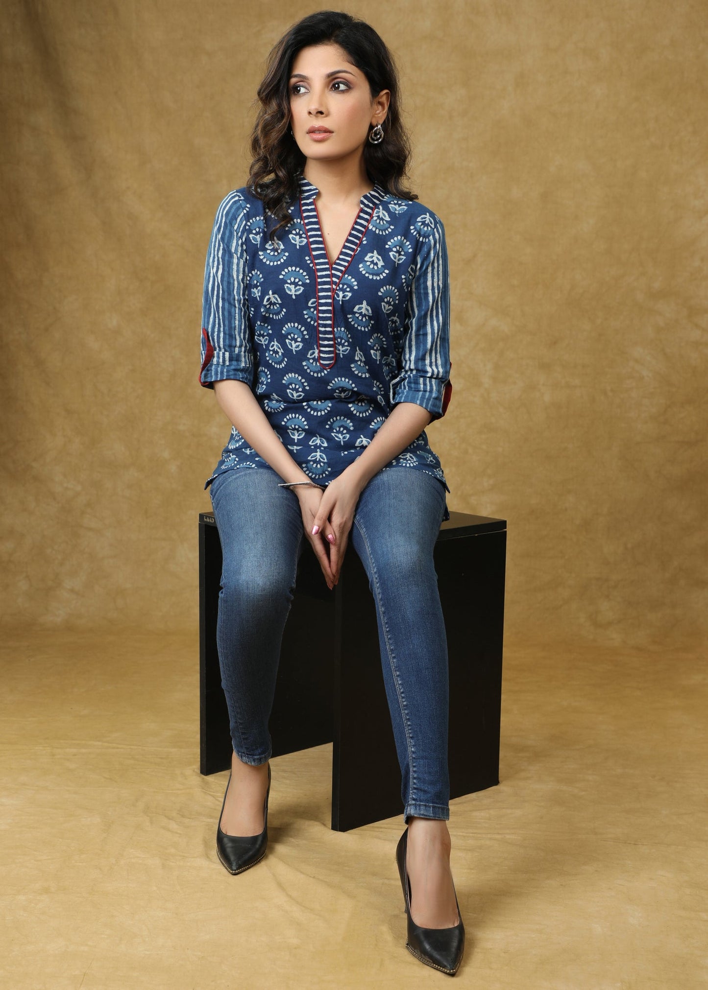 Classy Indigo Combination Cotton Top with Maroon Detailing