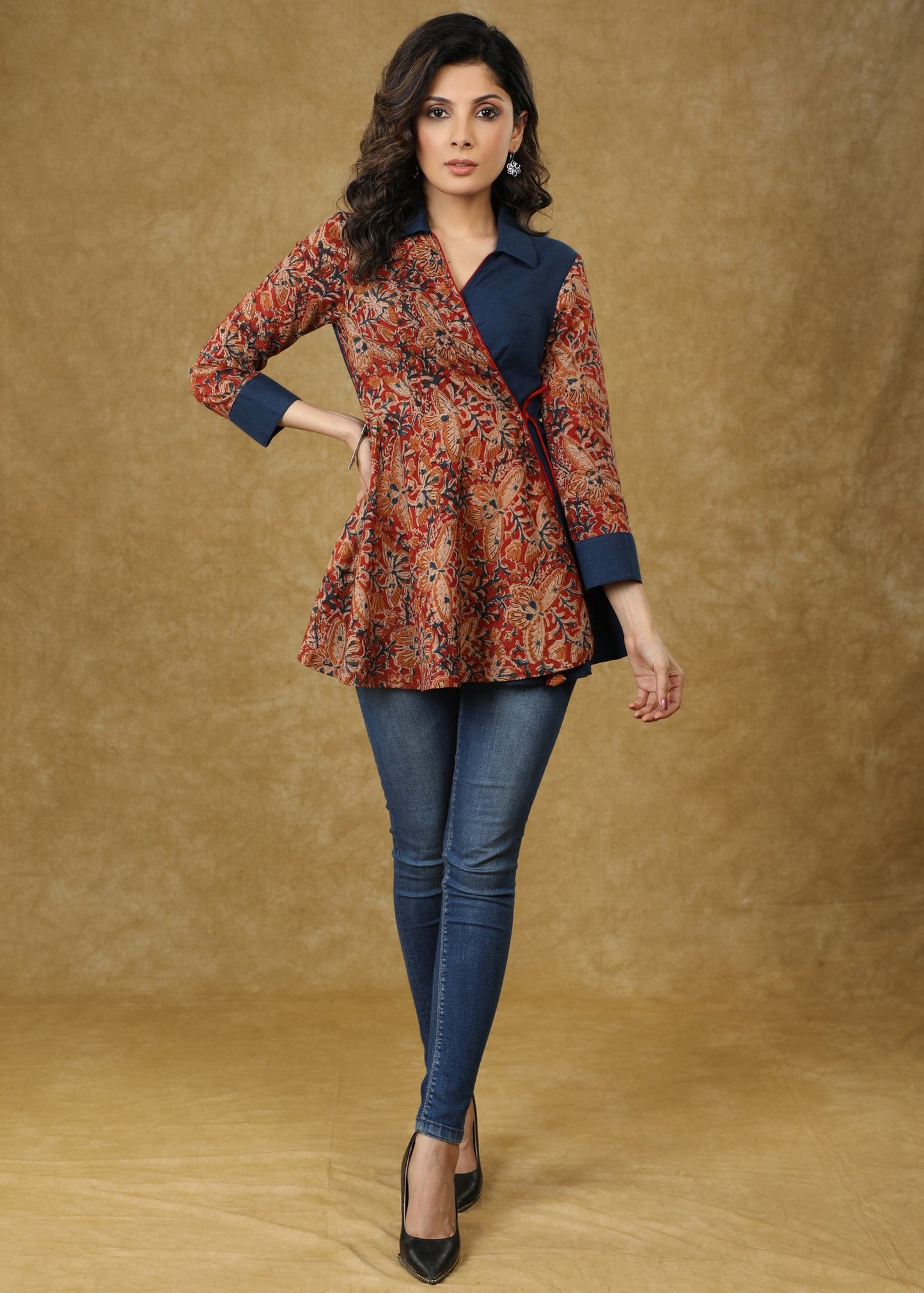 Designer Block Printed Kalamkari Overlap Cotton Top with Plain Blue Combination