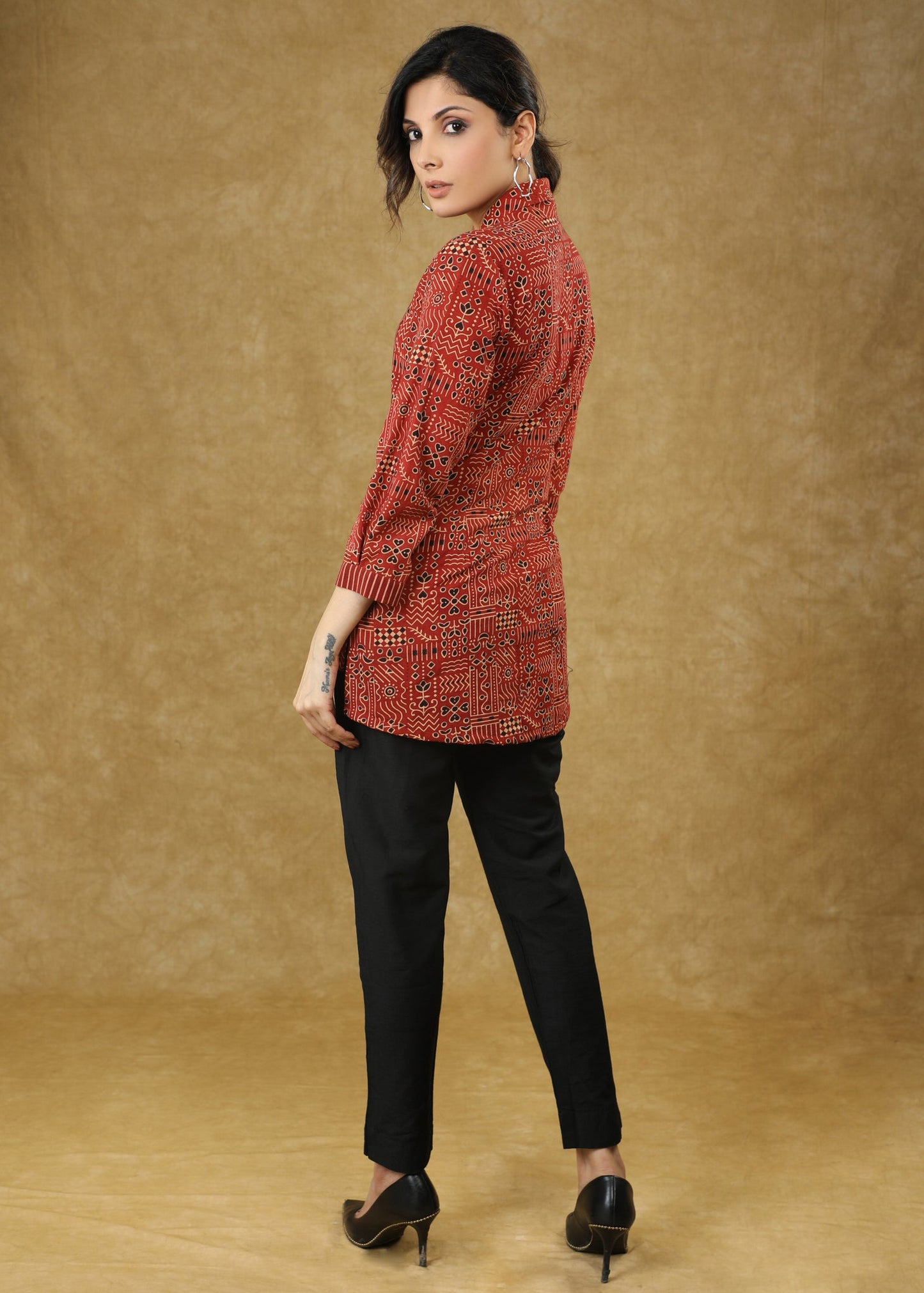 Classy Maroon Combination Cotton Top with Line Yoke & Mandarin Collar