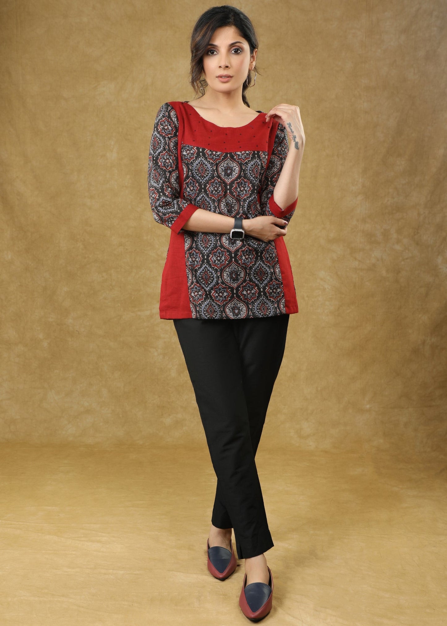 Stylish Maroon Ajrakh Combination Cotton Top