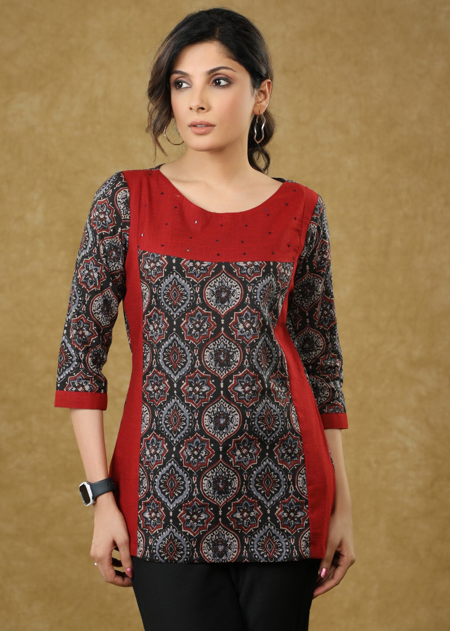 Stylish Maroon Ajrakh Combination Cotton Top
