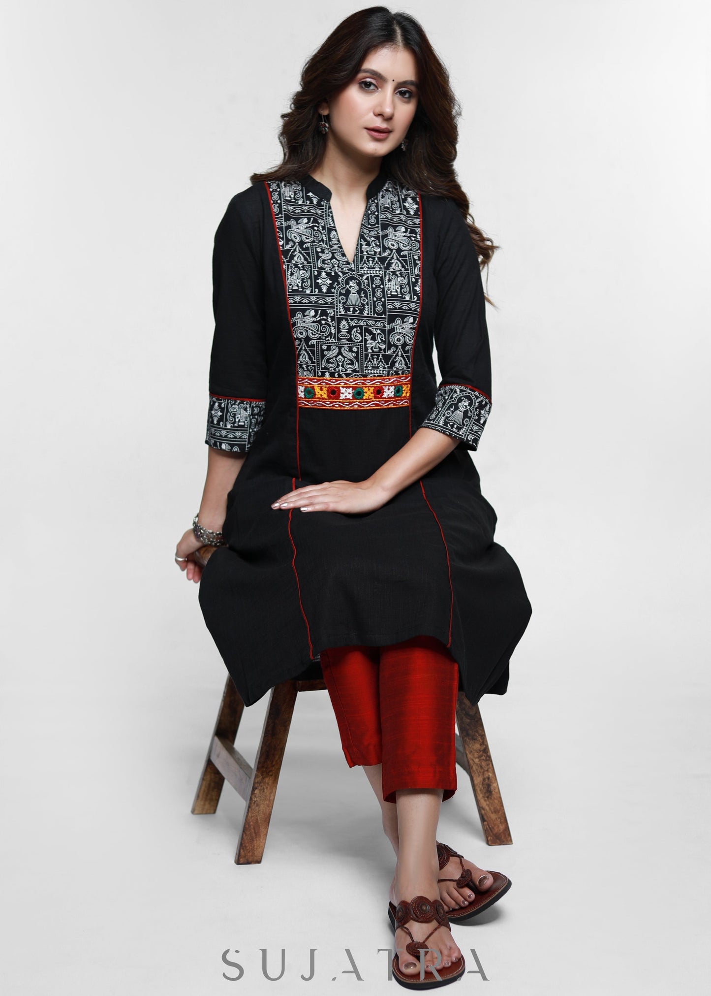 Black Cotton Warli Printed Mirror Work Kurta-Pant Optional