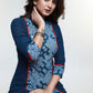 Navy Blue Cotton Kurta With Indigo Patchwork-Pant Optional