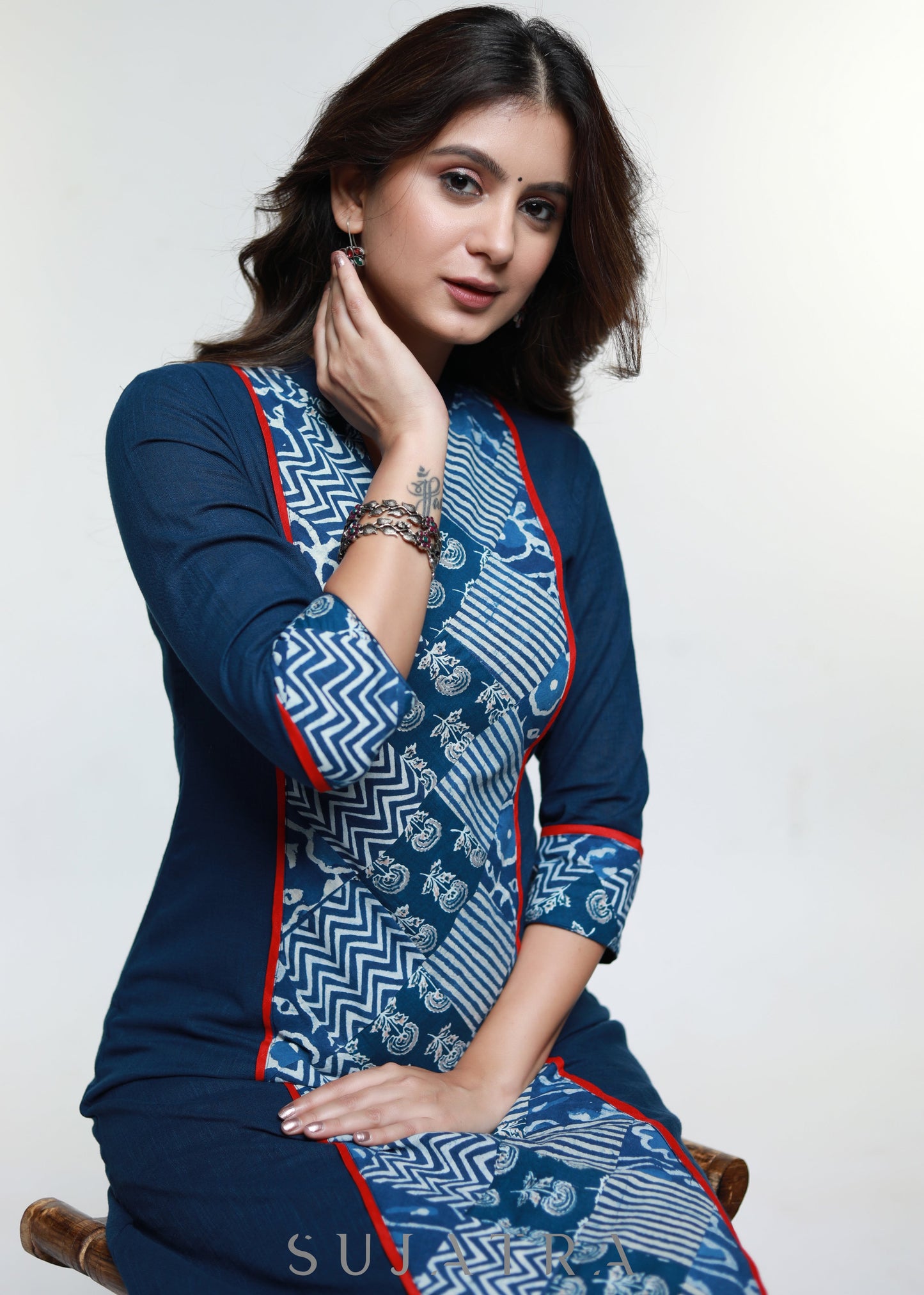 Navy Blue Cotton Kurta With Indigo Patchwork-Pant Optional