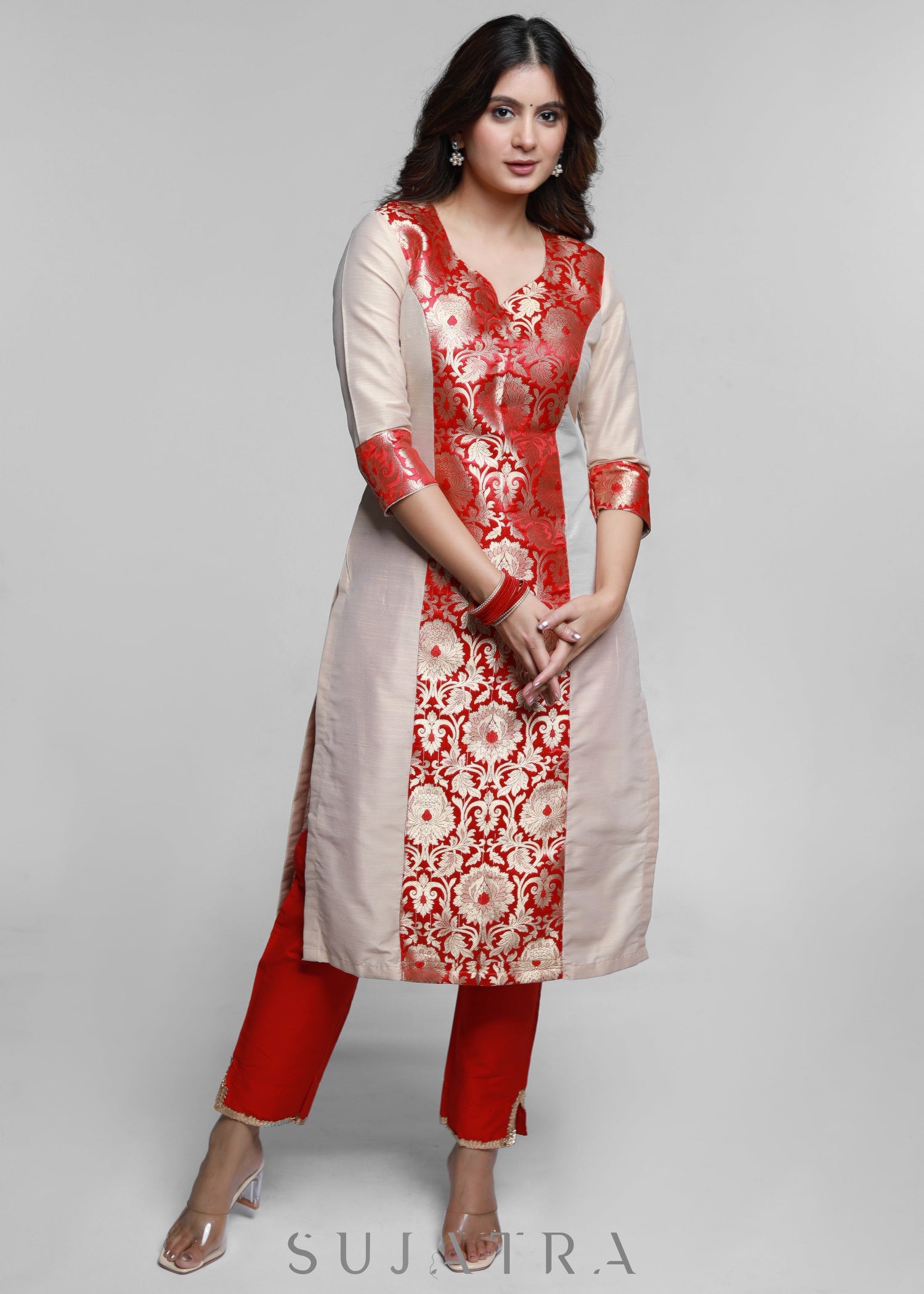 Beige Cotton Silk Kurta with Brocade Front Panel-Pant Optional