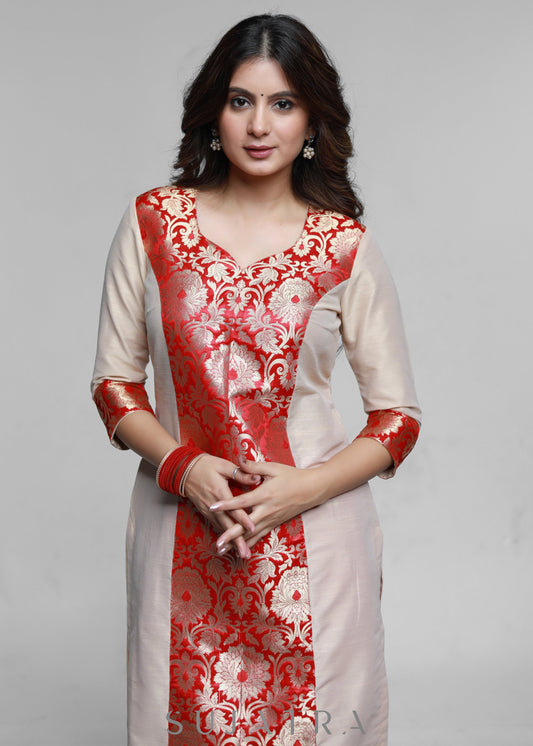 Beige Cotton Silk Kurta with Brocade Front Panel-Pant Optional