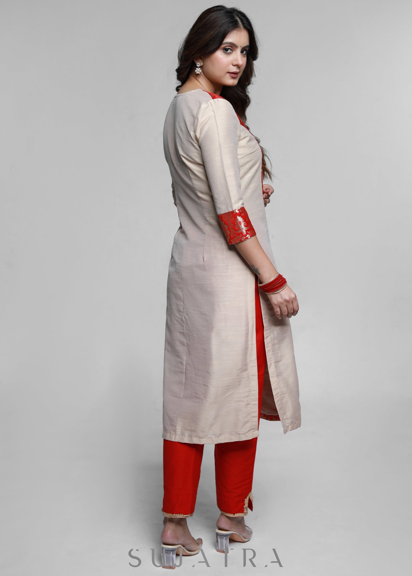 Beige Cotton Silk Kurta with Brocade Front Panel-Pant Optional