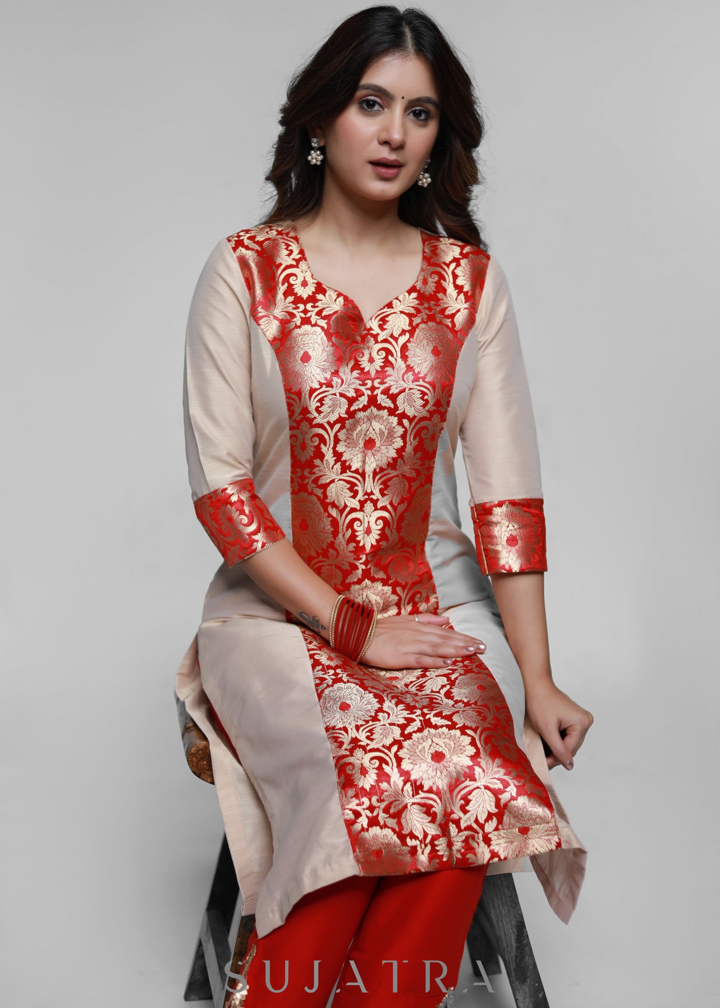 Beige Cotton Silk Kurta with Brocade Front Panel-Pant Optional