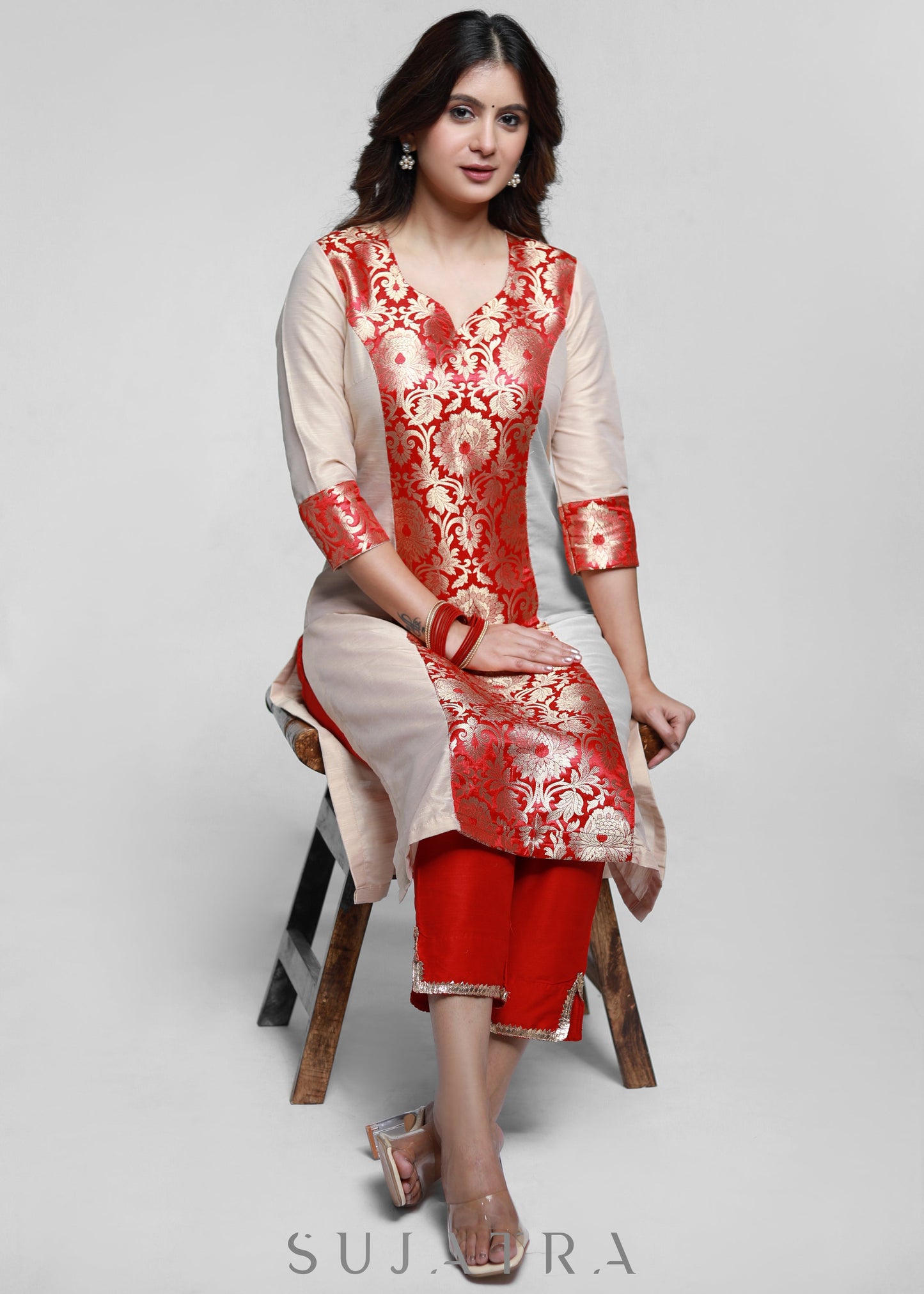 Beige Cotton Silk Kurta with Brocade Front Panel-Pant Optional