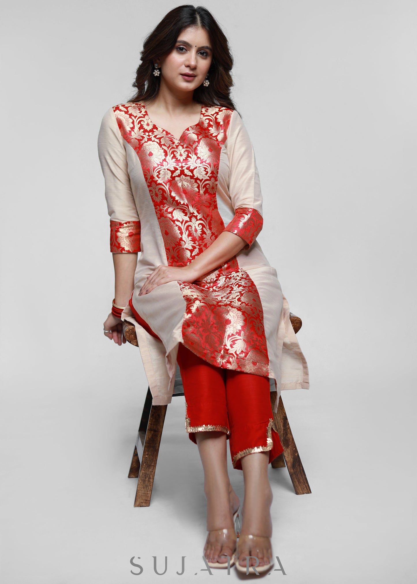 Beige Cotton Silk Kurta with Brocade Front Panel-Pant Optional