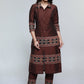 Coffee Brown Ajrakh Combination Cotton Silk Kurta-Pant Optional